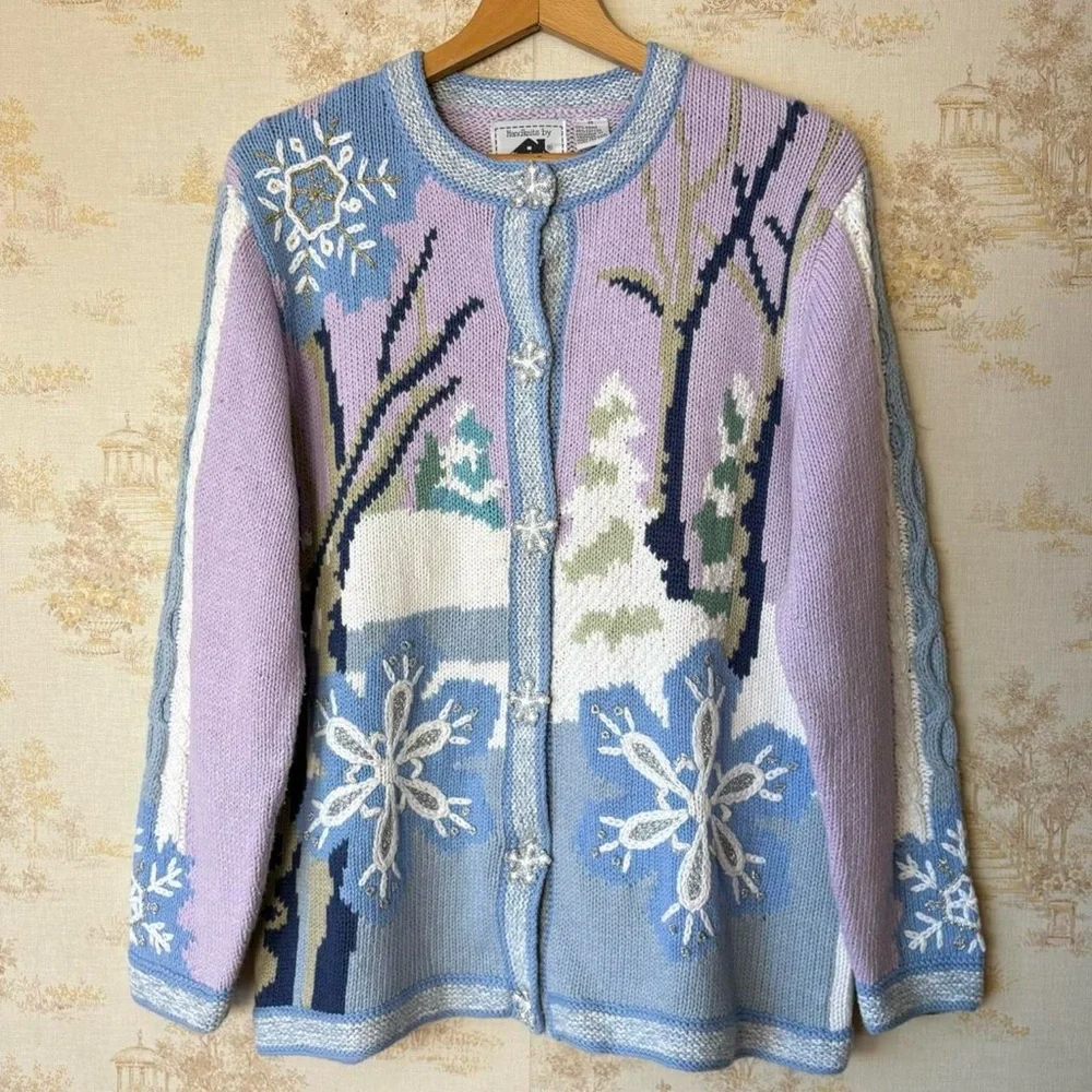 Vintage Storybook Knits purple snowflake Christmas art to wear cardigan sweater - Picture 1 of 8